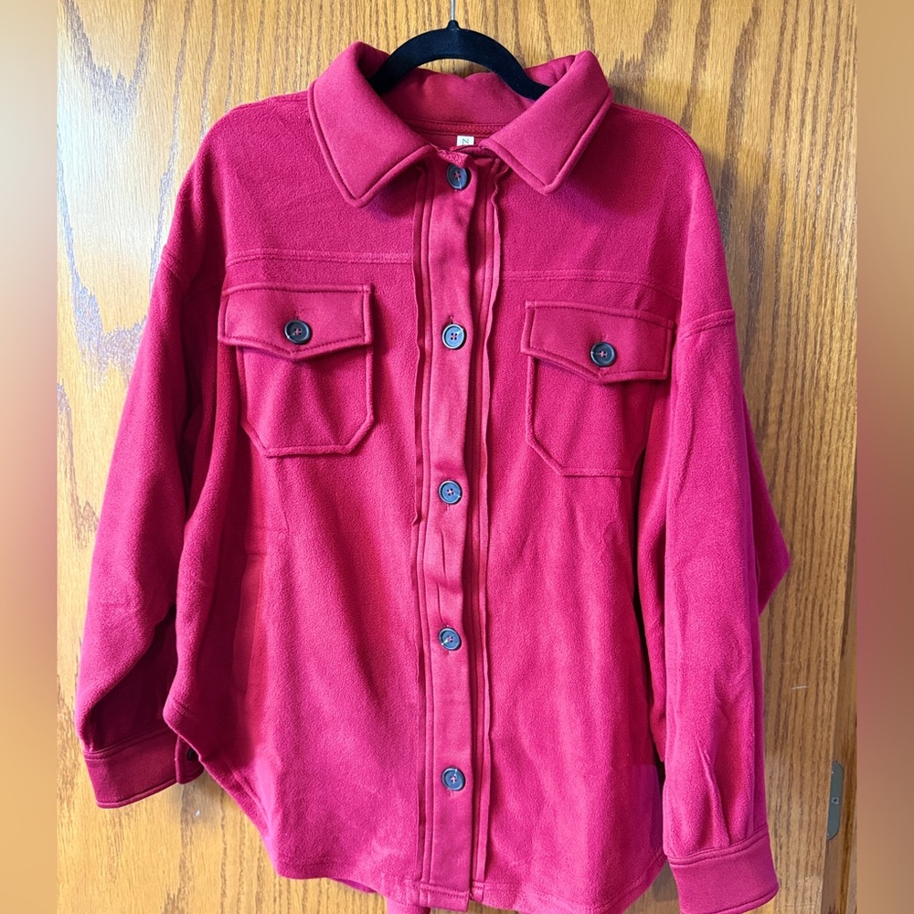 Zenana Outfitters Burgundy Button-Front Fleece Shacket (3XL)